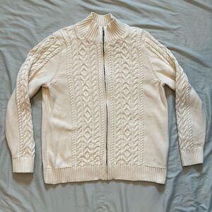 LL Bean full-zip mock-neck cable knit cardigan in cream - 1X - great condition